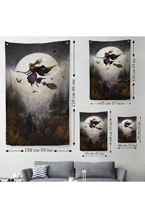Süpürge ile Uçan Cadı, Cadılar Bayramı Hediyesi, Hallowen Duvar Örtüsü-Halısı -6398