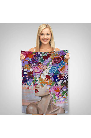 Çiçek Saçlı Kadın Yağlıboya Görünüm Dekoratif Kanvas Duvar Örtüsü-Halısı -6413