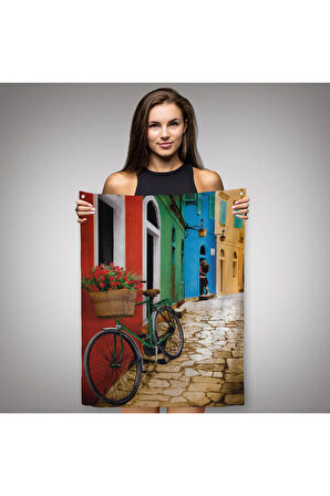 Sokaktaki Çiçekli Bisiklet Duvar Örtüsü-Halısı-6453