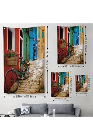 Sokaktaki Çiçekli Bisiklet Duvar Örtüsü-Halısı-6453