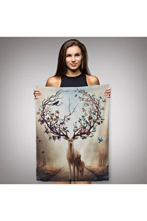 Geyik YBoynuzları Üzerinde Renkli Kuşlar Duvar Örtüsü-Halısı-6477