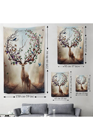 Geyik YBoynuzları Üzerinde Renkli Kuşlar Duvar Örtüsü-Halısı-6477