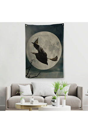 Süpürge İle Uçan Cadı, Cadılar Bayramı Helloven Duvar Örtüsü-Halısı -6481