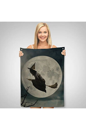 Süpürge İle Uçan Cadı, Cadılar Bayramı Helloven Duvar Örtüsü-Halısı -6481