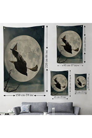 Süpürge İle Uçan Cadı, Cadılar Bayramı Helloven Duvar Örtüsü-Halısı -6481