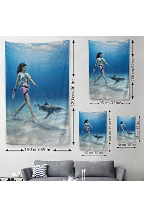 Su Altında Köpek Balığı Gezdiren Kadın Duvar Örtüsü-Halısı-6482