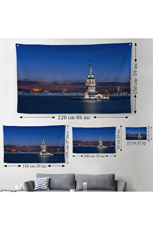Kız Kulesi Gece Manzarası Dekoratif Kanvas Duvar Örtüsü-Halısı-6502