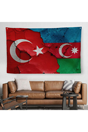 Türkiye Azerbaycan Bayrak Desenli Dekoratif Kanvas Duvar Örtüsü-Halısı-6516