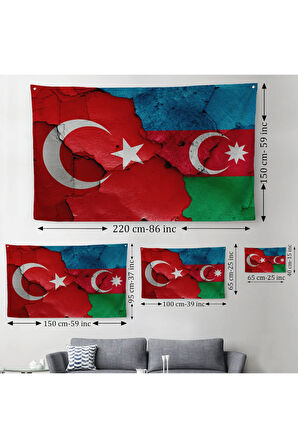 Türkiye Azerbaycan Bayrak Desenli Dekoratif Kanvas Duvar Örtüsü-Halısı-6516
