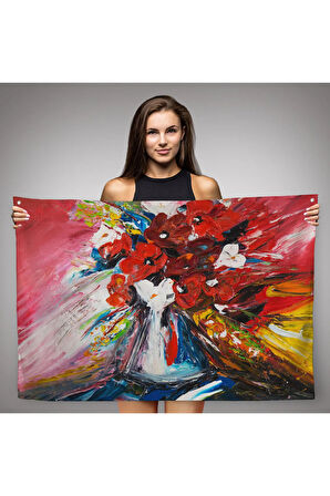 Vazo İçindeki Çiçekler Yağlıboya Görünüm DekoratiF Duvar Örtüsü-Halısı-6520