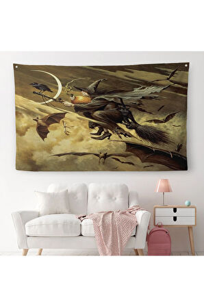 Süpürge İle Uçan Cadı ve Kedisi Cadılar Bayramı Helloven Duvar Örtüsü-Halısı -6559