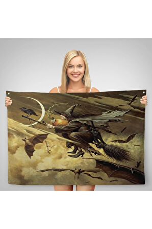 Süpürge İle Uçan Cadı ve Kedisi Cadılar Bayramı Helloven Duvar Örtüsü-Halısı -6559