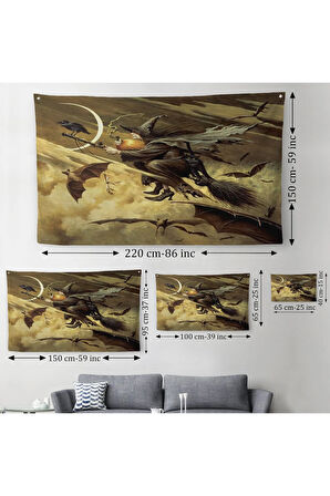 Süpürge İle Uçan Cadı ve Kedisi Cadılar Bayramı Helloven Duvar Örtüsü-Halısı -6559