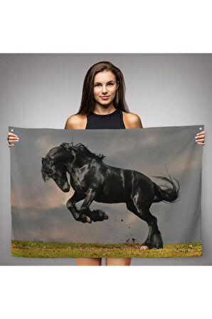 Şaha Kalkmış Siyah At Duvar Örtüsü-Halısı-6620