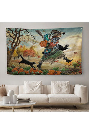 Cadı ve Kedisi Cadılar Bayramı Helloven Duvar Örtüsü-Halısı -6648