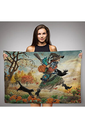 Cadı ve Kedisi Cadılar Bayramı Helloven Duvar Örtüsü-Halısı -6648