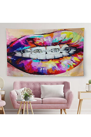 Diş Teli ve Renkli Dudaklar Graffti Duvar Örtüsü-Halısı-6651