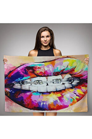 Diş Teli ve Renkli Dudaklar Graffti Duvar Örtüsü-Halısı-6651