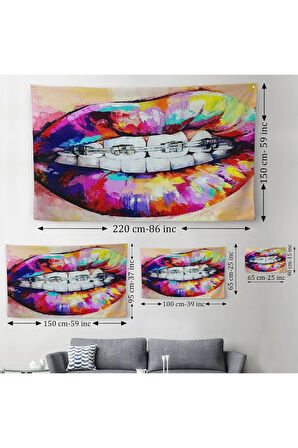 Diş Teli ve Renkli Dudaklar Graffti Duvar Örtüsü-Halısı-6651