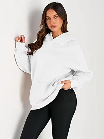 Beyaz Kapşonlu Model Oversize Kalıp Regular UNİSEX Sweatshirt