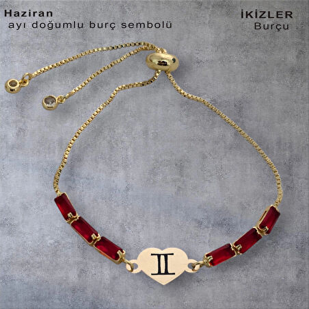 Yazın Işıltısını ve Coşkusunu Yansıtan Kalp Motifli Kırmızı Taşlı 14 Ayar Altın Plakalı Haziran Bilekliği