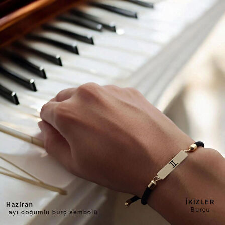 Sıcak Günlerin Ayı Olan Siyah Örgülü Dikdörtgen Motifli 14 Ayar Altın Plakalı Haziran Bilekliği