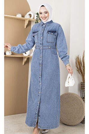 Kadın Bel Detaylı Cepli Kot Elbise