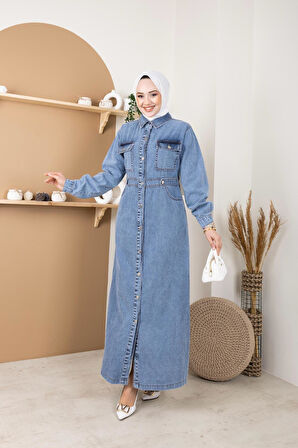 Kadın Bel Detaylı Cepli Kot Elbise