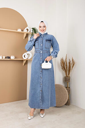 Kadın Bel Detaylı Cepli Kot Elbise