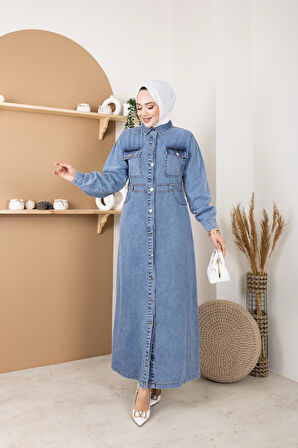 Kadın Bel Detaylı Cepli Kot Elbise