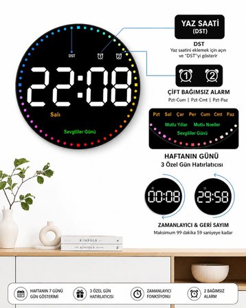 Uzaktan Kumandalı LED Dijital Duvar Saati – Büyük Ekran, Ayarlanabilir Parlaklık, Çift Alarm, Sessiz Çalışma, Modern Şık Tasarım