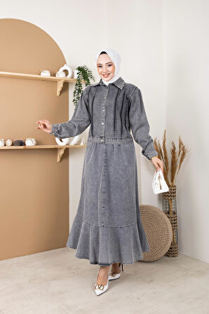 Kadın 2Li Kot Takım Ceket Ve Beli Lastikli Valonlu Etek