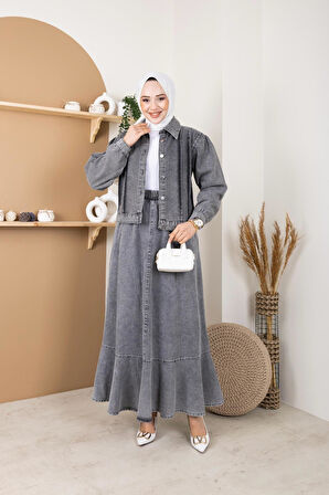 Kadın 2Li Kot Takım Ceket Ve Beli Lastikli Valonlu Etek