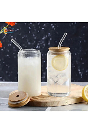 Çizgili Isıya Dayanıklı Cam Pipetli Ahşap Kapaklı Ve Borosilikat Bardak Sunum Bardağı 550ml