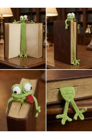 Amigurumi El Yapımı Kurbağa Kitap Ayracı (Yüksek Kaliteli Malzeme, Detaylı ince işçilik)