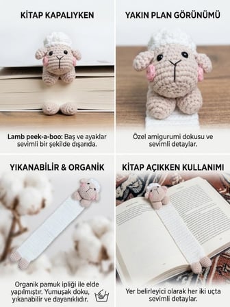 Amigurumi Kuzu Figürlü Pamuklu Kitap Ayracı (Yüksek Kaliteli Malzeme, Detaylı ince işçilik)