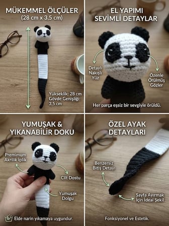 Amigurumi Panda Figürlü Pamuklu Kitap Ayracı (Yüksek Kaliteli Malzeme, Detaylı ince işçilik)
