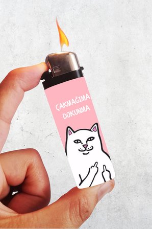 Çakmağıma Dokunma Pembe Renk Kedili Baskılı Klasik Çakmak, Tekrar Doldurulabilir