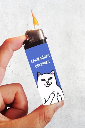 Çakmağıma Dokunma Mavi Renk Kedili Baskılı Klasik Çakmak, Tekrar Doldurulabilir