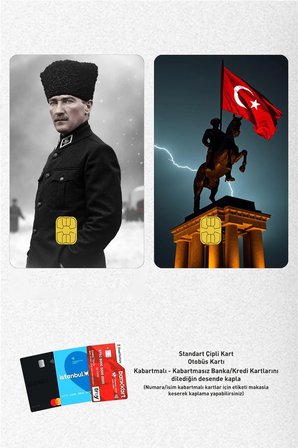 Atatürk Kalpaklı ve Atlı 2'li Kart Kaplama Sticker, Çipli Banka/ATM Kartlara uyumlu