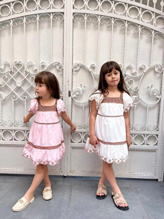 Kız Çocuk Nakış Ve Dantel Detaylı Pamuklu Yazlık Beyaz Elbise