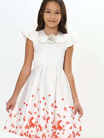 Kız Çocuk Abiye Düğün Mezuniyet Bayramlık Gül Aksesuarlı Beyaz Elbise