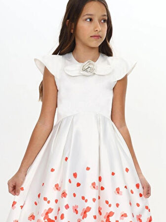 Kız Çocuk Abiye Düğün Mezuniyet Bayramlık Gül Aksesuarlı Beyaz Elbise