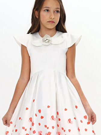 Kız Çocuk Abiye Düğün Mezuniyet Bayramlık Gül Aksesuarlı Beyaz Elbise