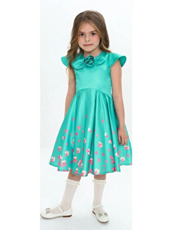 Kız Çocuk Abiye Düğün Mezuniyet Bayramlık Gül Aksesuarlı Yeşil Elbise