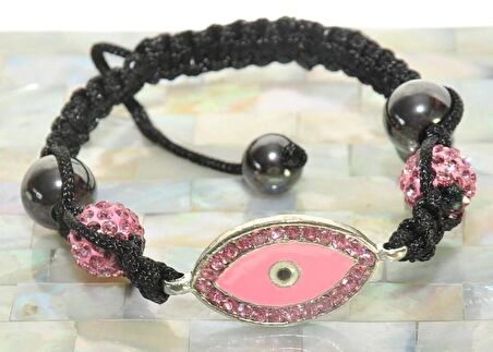Swarovski Taşlı Şambala Nazar Göz Örgü İp Pembe Bileklik