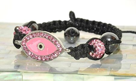 Swarovski Taşlı Şambala Nazar Göz Örgü İp Pembe Bileklik