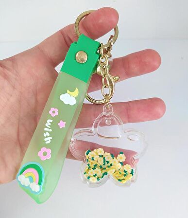 İçi Sulu Yıldızlı Yüzen Çiçekli Anahtarlık Çanta Süsü Oyuncak 12433