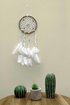 Nazar Boncuklu Düş Kapanı Hand Made Dreamcatcher Kuş Tüyü Duvar Süsü Ev Dekor 13431