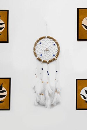 Nazar Boncuklu Düş Kapanı Hand Made Dreamcatcher Kuş Tüyü Duvar Süsü Ev Dekor 13431